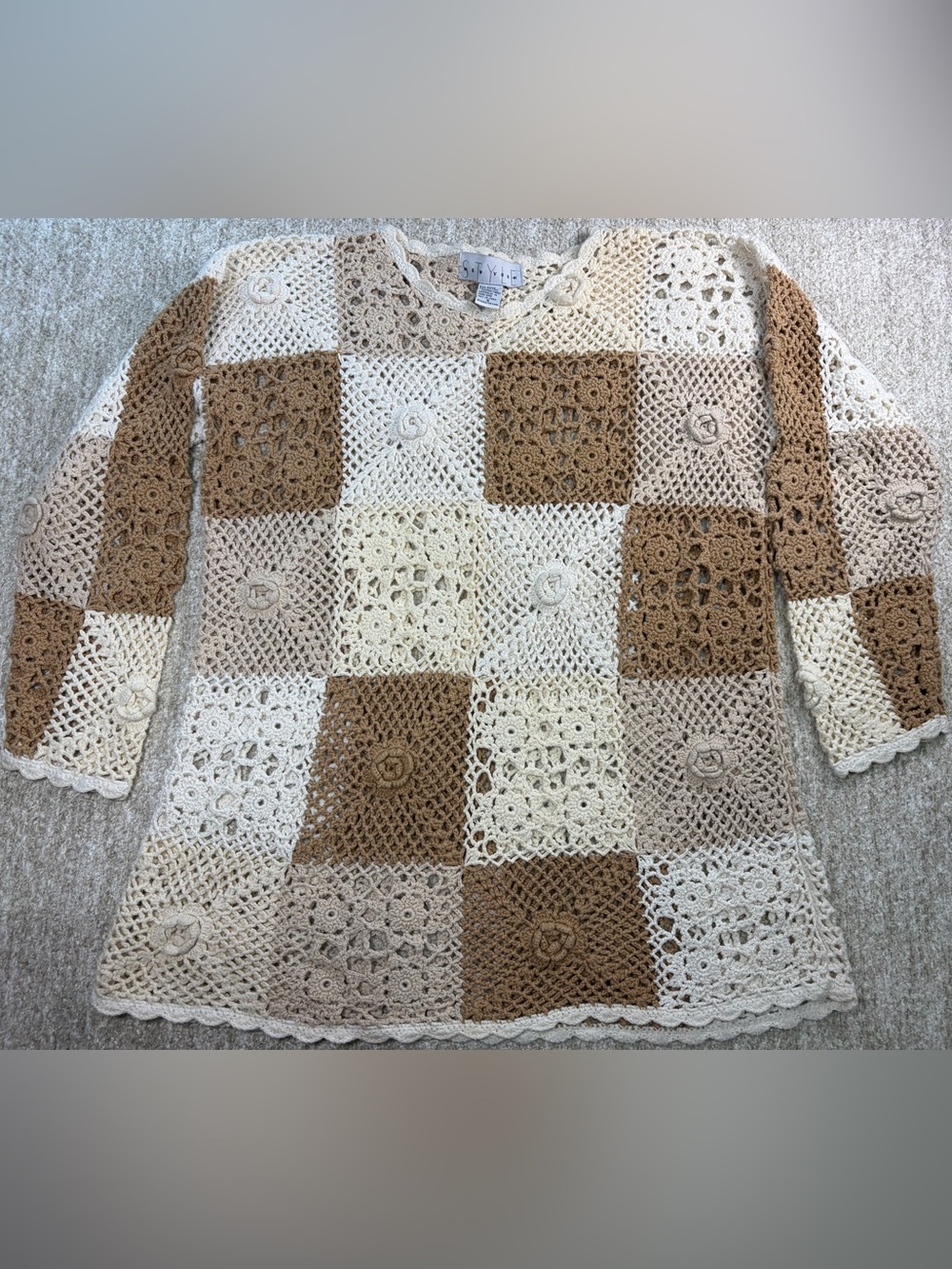 Vintage Neutral Crochet Patchwork Throw - Cream & Brown